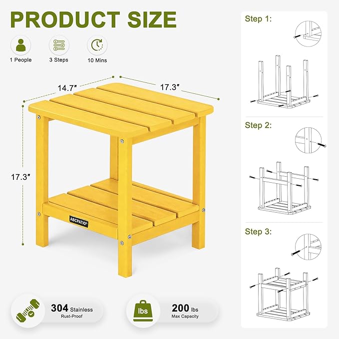 Outdoor Side Table HDPE Small Outdoor End Table Patio Side Tables Square for Backyard Pool Porch Balcony Double Layer Storage, Yellow (Wood Grain Finish)