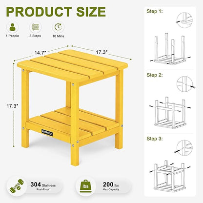 Outdoor Side Table HDPE Small Outdoor End Table Patio Side Tables Square for Backyard Pool Porch Balcony Double Layer Storage, Yellow (Wood Grain Finish)
