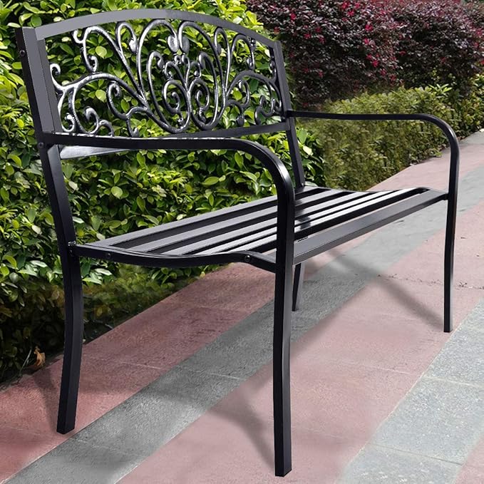 ReunionG 50" Patio Garden Bench Loveseats Park Yard Furniture Vintage Floral Garden Cast Iron Patio Porch Chair - Photo 2