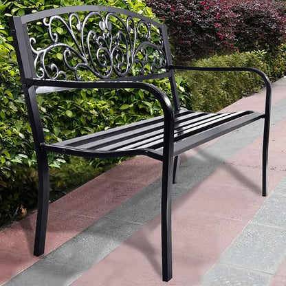 ReunionG 50" Patio Garden Bench Loveseats Park Yard Furniture Vintage Floral Garden Cast Iron Patio Porch Chair (Black Steel W/Floral Scroll Pattern)