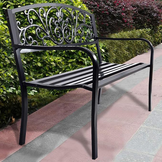 ReunionG 50" Patio Garden Bench Loveseats Park Yard Furniture Vintage Floral Garden Cast Iron Patio Porch Chair (Black Steel W/Floral Scroll Pattern)