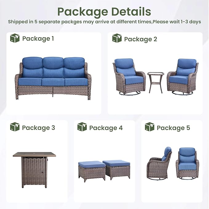 Luxury Patio Furniture Set with 6-inch Thick Cushion, Outdoor Furniture with Fire Pit Table, Swivel Chairs, Sofa - Photo 2