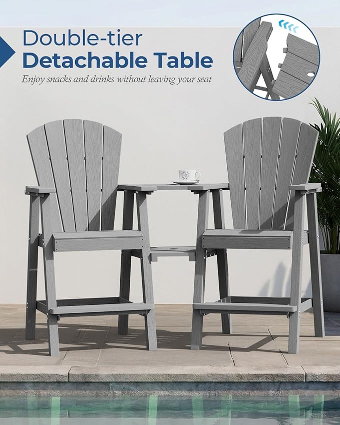 Ciokea Tall Adirondack Chairs Set of 2, HDPE Outdoor Adirondack Bar Stools with Double Connecting Tray - Photo 3
