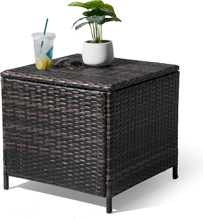 Outvita Outdoor Side Table, Rattan Coffee Table with Storage 27 Gallon Patio Small Deck Storage Box for Cushion Towel Books, Brown Side Table with lid