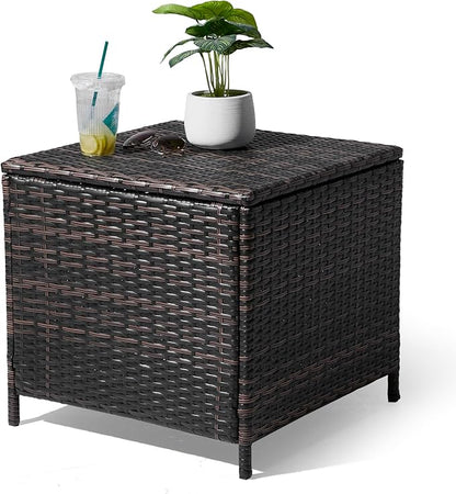 Outvita Outdoor Side Table, Rattan Coffee Table with Storage 27 Gallon Patio Small Deck Storage Box for Cushion Towel Books, Brown Side Table with lid