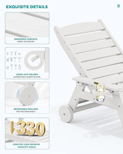 SERWALL Patio Chaise Lounge Chair Set of 6, 5 Positions Adjustable Poly Outdoor Lounger for Pool, HDPE Lounge Chair with Rolling Wheels & Cup Holder for Poolside, Deck, White