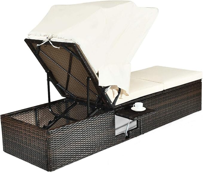 Tangkula Outdoor Chaise Lounge Chair with Folding Canopy, Adjustable Cushioned Reclining Chair with Flip-up Tea Table - Photo 9