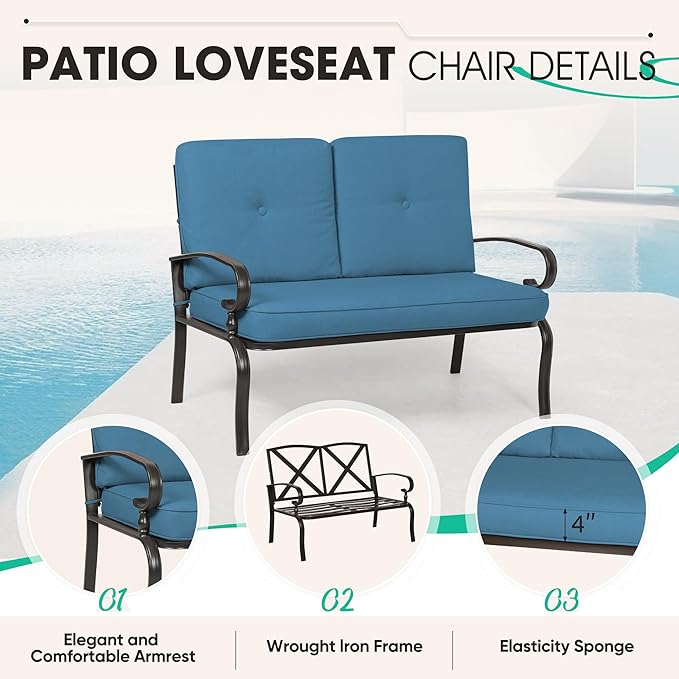 Incbruce Patio Loveseat with Coffee Table - Outdoor Bench with Cushion,2 Piece Wrought Iron Outdoor Loveseat Metal Frame Porch Furniture Set Bench for Patio, Poolside, Garden (Peacock Blue)