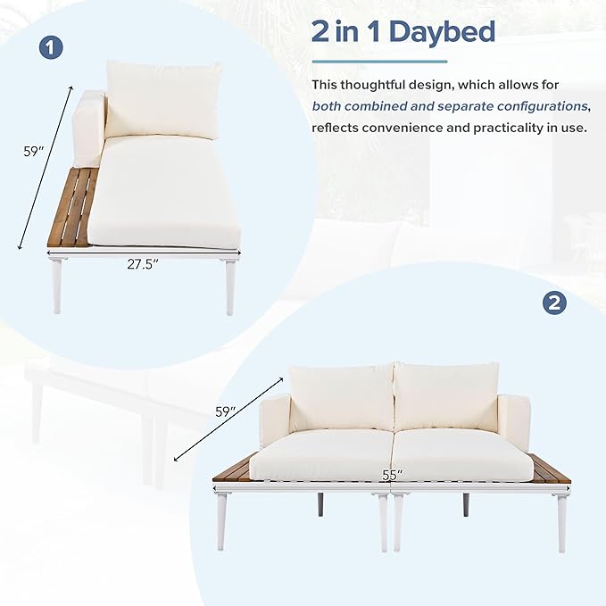 LUMISOL Outdoor Patio Daybed Metal Daybed with Cushions and Wood Topped Side Spaces for Drinks - Photo 5