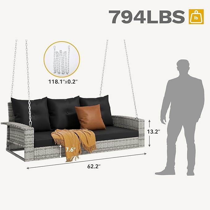 DWVO 3-Seats Wicker Hanging Porch Swing Chair Outdoor Gray Rattan Patio Swing Lounge 3 Back Cushions Capacity for Garden - Photo 6