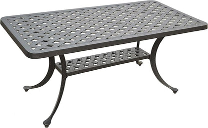 Pemberly Row Modern Aluminum Patio Coffee Table, 42 in Wide, Charcoal Black Powder-Coated Finish, Weather-Resistant Cast Aluminum, Lattice Design, Adjustable Levelers, Outdoor Furniture for Patio or