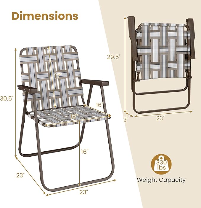 GYMAX Lawn Chair Folding, Webbed Beach Lounge Chairs Set with Highback - Photo 7