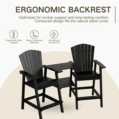 Kingdura Tall Adirondack Chairs Set of 2 with Removable Connecting Tray & 2" Umbrella Hole, Weather-Resistant HDPE Bar Height Outdoor Chairs, Wood-Look Balcony Bar Stools for Patio, Deck (Black)