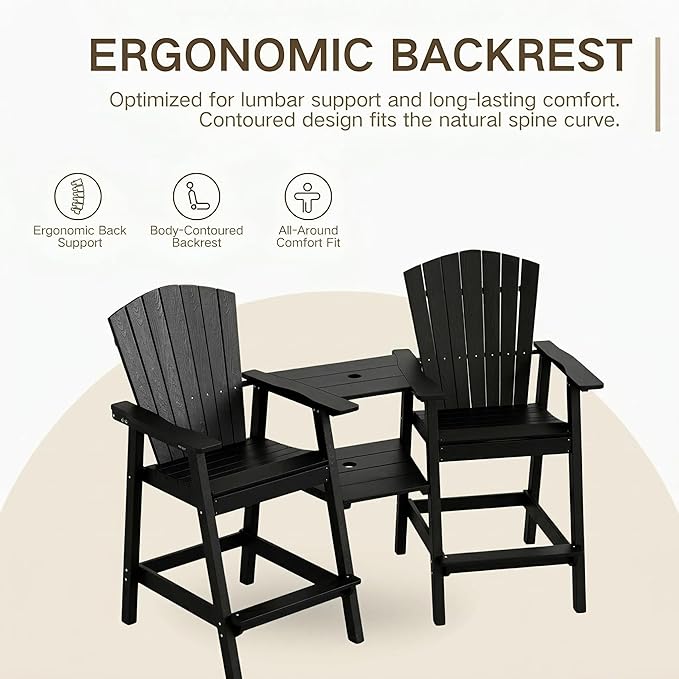 Kingdura Upgraded Tall Adirondack Chairs Set of 2, Weather Resistant HDPE Bar Height Outdoor Stools with Removable Double Connecting Trays, Wooden Grain for Patio, Balcony, Deck (Black)