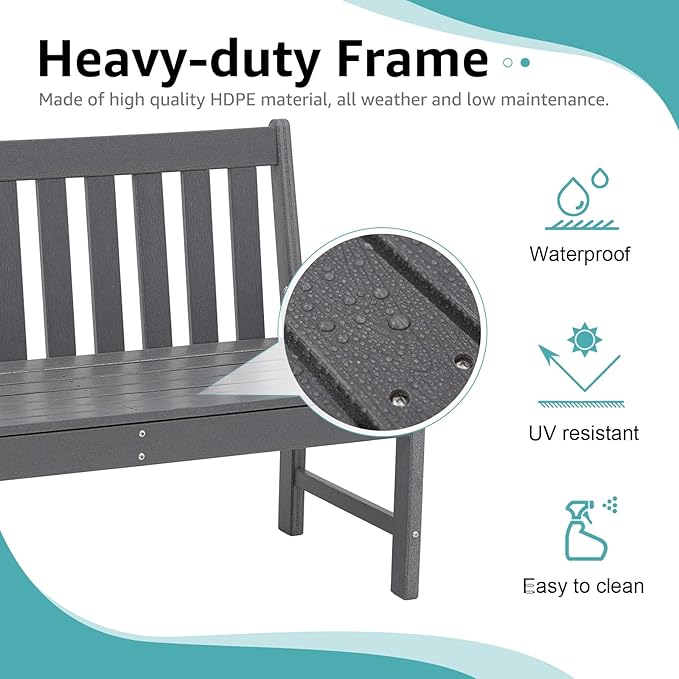 COBANA Outdoor Garden Bench, All Weather HDPE Patio Porch Bench with Faux Wood Grain Pattern, 2-Person Seat for Lawn, Park, Backyard, Entryway, Dark Gray