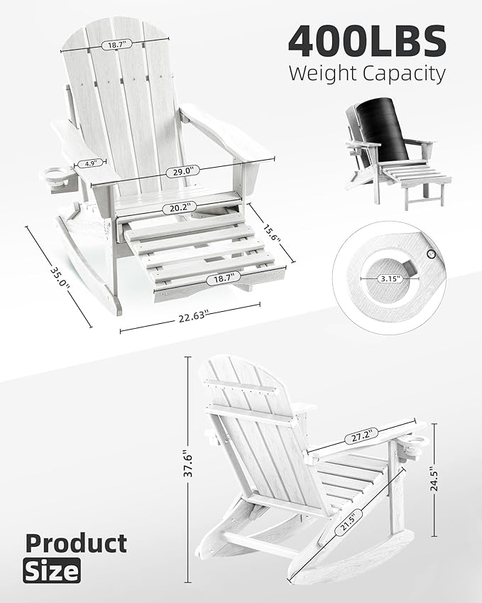 Folding Adirondack Rocking Chair,4-in-1 Multifunctional Patio Chair with Retractable Ottoman, Outdoor Chair Wood Texture, Lawn Chair for Porch, Backyard, Pool(White)