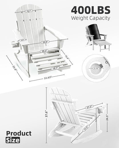 Folding Adirondack Rocking Chair Set of 4,4-in-1 Multifunctional Patio Chairs with Retractable Ottoman, Outdoor Chairs Wood Texture, Lawn Chair for Porch, Backyard, Pool(White)