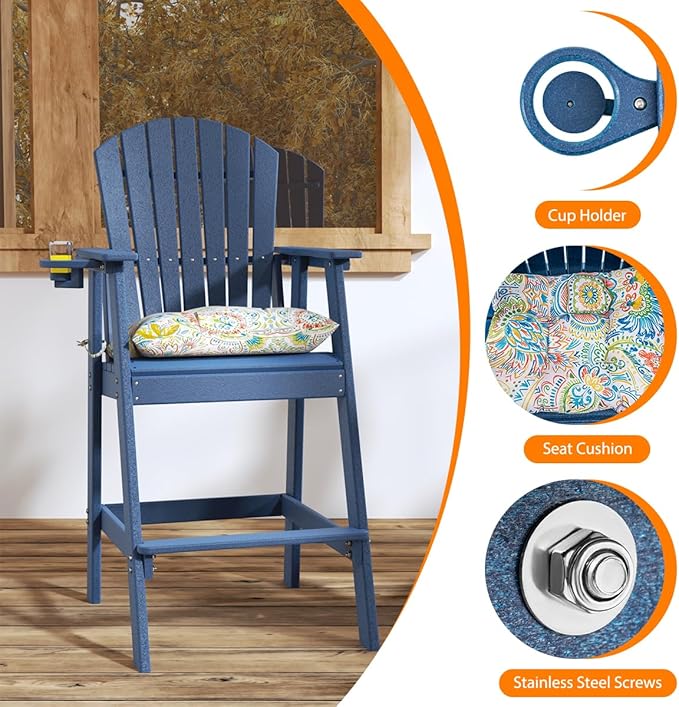 Sundale Outdoor Adirondack Bar Chairs Set of 2, Patio HDPE Bar Stools with Backrest - Photo 4