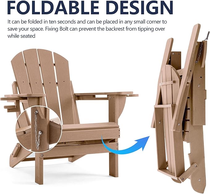 Folding Adirondack Chair, HDPE Outdoor Texture Lawn Chair with Reclining Back, Cup and Phone Holder - Comfortable Firepit Chair Weather Resistant for Patio or Backyard (Brown, Set of 4)