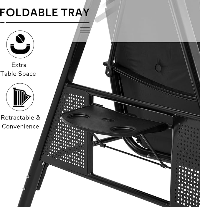AECOJOY Outdoor Porch Swing with Cover, 3-Seat Patio Swings with Adjustable Canopy, Outside Swing for Adult with Black Removable Cushions for Backyard, Garden, Yard, Poolside, Balcony
