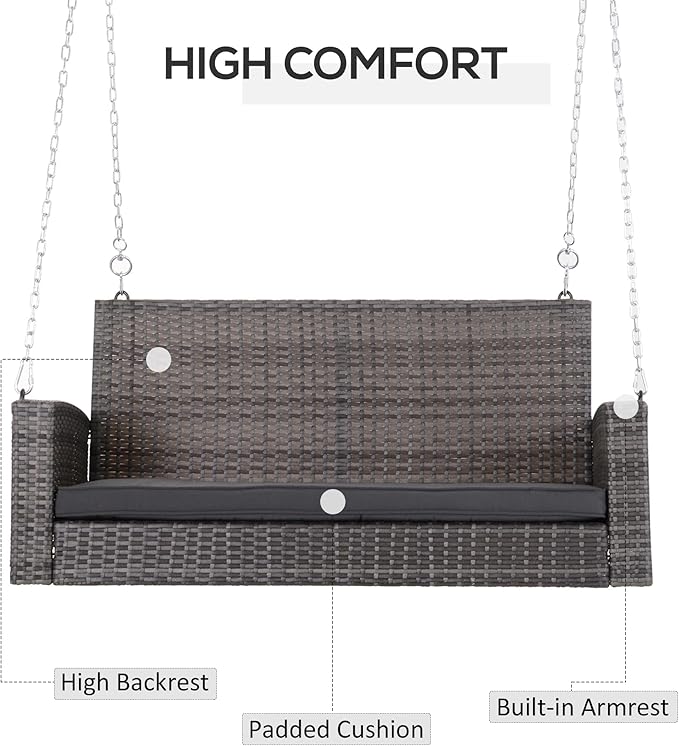 Outsunny 2 Person Wicker Hanging Swing Bench, Front Porch Swing Outdoor Chair with Cushions 550 lbs. Weight Capacity for Backyard, Garden, Grey