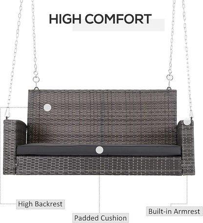 Outsunny 2 Person Wicker Hanging Swing Bench, Front Porch Swing Outdoor Chair with Cushions 550 lbs. Weight Capacity for Backyard, Garden, Grey