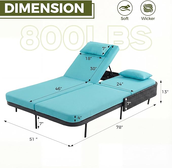 RADIATA 51.2" Outdoor Loveseat Sofa Bed, PE Wicker Patio Daybed with 2-Person Double Chaise Lounge - Photo 2