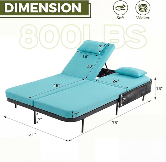 RADIATA 51.2" Outdoor Loveseat Sofa Bed, PE Wicker Patio Daybed with 2-Person Double Chaise Lounge, Independent 5-Position Adjustable Backrest, All-Weather Poolside Furniture