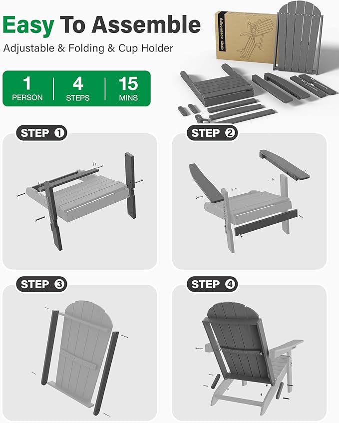 YEFU Adirondack Chairs Set of 6 for Patio: Folding Plastic Fire Pit Chair with Cup Holders & Adjustable Backrest - Sturdy All-Weather HDPE for Outdoor Pool Lawn - Easy Assembly(Grey)