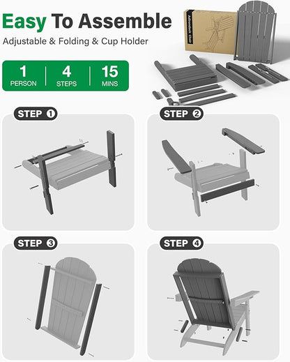 YEFU Adirondack Chairs Set of 2 for Outdoor: Folding Plastic Fire Pit Chair with Cup Holders & Adjustable Backrest - Sturdy All-Weather HDPE for Patio Lawn - Easy Assembly(Grey)