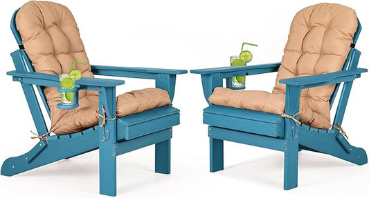 nalone Folding Adirondack Chairs Set of 2 with Cushion with Cup Holder, HDPE Plastic Oversized Patio Chair Weather Resistant, Used in Outdoor, Fire Pit, Deck, Garden, Campfire Chairs (Blue)