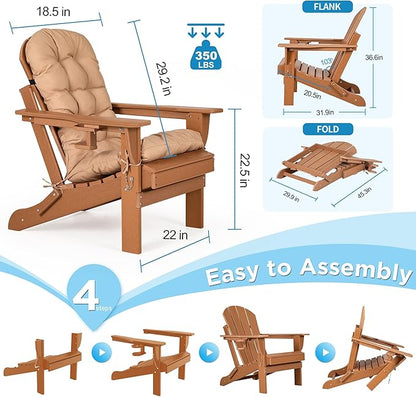 nalone Folding Adirondack Chairs Set of 2 with Cushion with Cup Holder, HDPE Plastic Oversized Patio Chair Weather Resistant, Used in Outdoor, Fire Pit, Deck, Garden, Campfire Chairs (Teak)