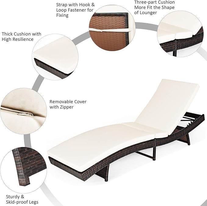 Tangkula Outdoor Chaise Lounger, Rattan Patio Lounge Chair with Removable Thick Cushion, 5 Adjustable Levels - Photo 6