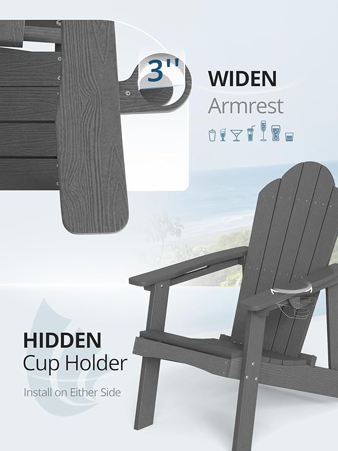 LUE BONA Matte HDPE Adirondack Chair Set of 1 - Weather Resistant Outdoor Seating with Cup Holder for Porch, Urban Patio - Photo 4