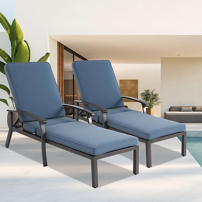 Chaise Lounge Chair Outdoor with Wheels, Cast Aluminum Tanning Chair with Navy/Blue Cushion - Photo 1