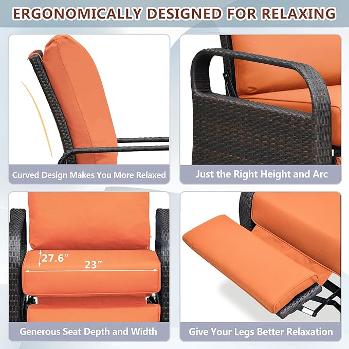 ATR ART TO REAL Outdoor Recliner, Set of 2 Wicker Reclining Chair with Coffee End Side Table, Aluminum Frame Patio Chaise Lounge Chairs with Thicken Cushions (Orange)