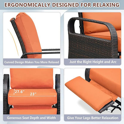 ATR ART TO REAL Outdoor Recliner, Set of 2 Wicker Reclining Chair with Coffee End Side Table, Aluminum Frame Patio Chaise Lounge Chairs with Thicken Cushions (Orange)