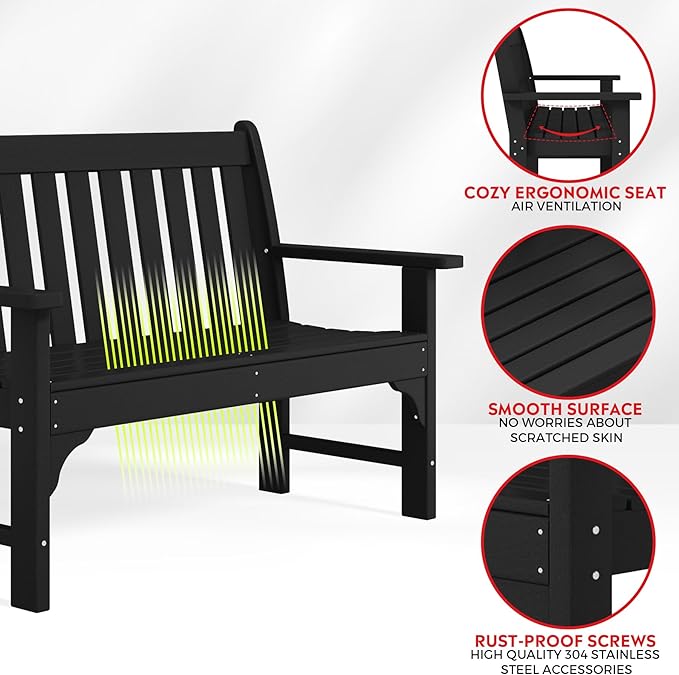 Costaelm Garden Bench, Farmhouse Park Front Porch for Entryway Bench Outdoor Seating Low Bench Patio Bench Outside/Indoor, Black