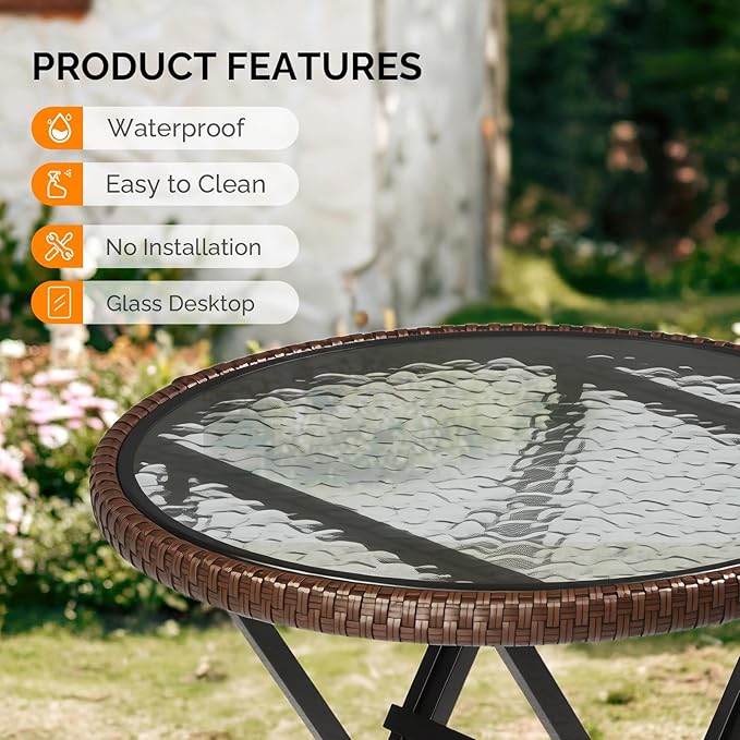VINGLI 23.6in Modern Brown Rattan Folding Glass Outdoor Side Table, Small Patio Table with Tempered Glass Top,Round,1 Pack