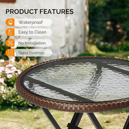 VINGLI 23.6in Modern Brown Rattan Folding Glass Outdoor Side Table, Small Patio Table with Tempered Glass Top,Round,1 Pack