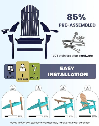 Oversized Adirondack Chair with Dual Cup Holders, Ergonomic High Back HDPE Fire Pit Chair, 380lbs Capacity All-Weather Outdoor Patio Lounge Chair for Garden, Deck, Yard - Navy Blue
