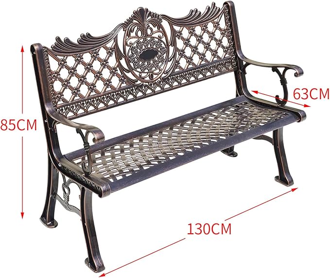 51" Outdoor Bench Garden Bench Cast Aluminum Bench with Floral Back Metal Front Porch Benches for Yard Patio Entryway Park (Red Copper)