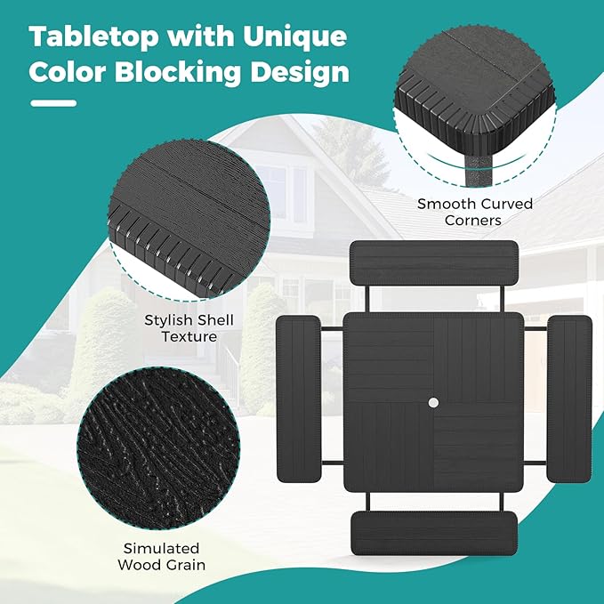 Giantex Picnic Table Bench Set for 4-8 People, 34" Outdoor Square Dining Table & 2 Benches w/Umbrella Hole - Photo 6