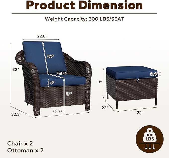 4 Piece Patio Wicker Conversation Set, 2 All-Weather Use Outdoor Wicker Chairs with 2 PE Rattan Ottomans,Ideal for Porch, Backyard, Balcony, Poolside, Blue