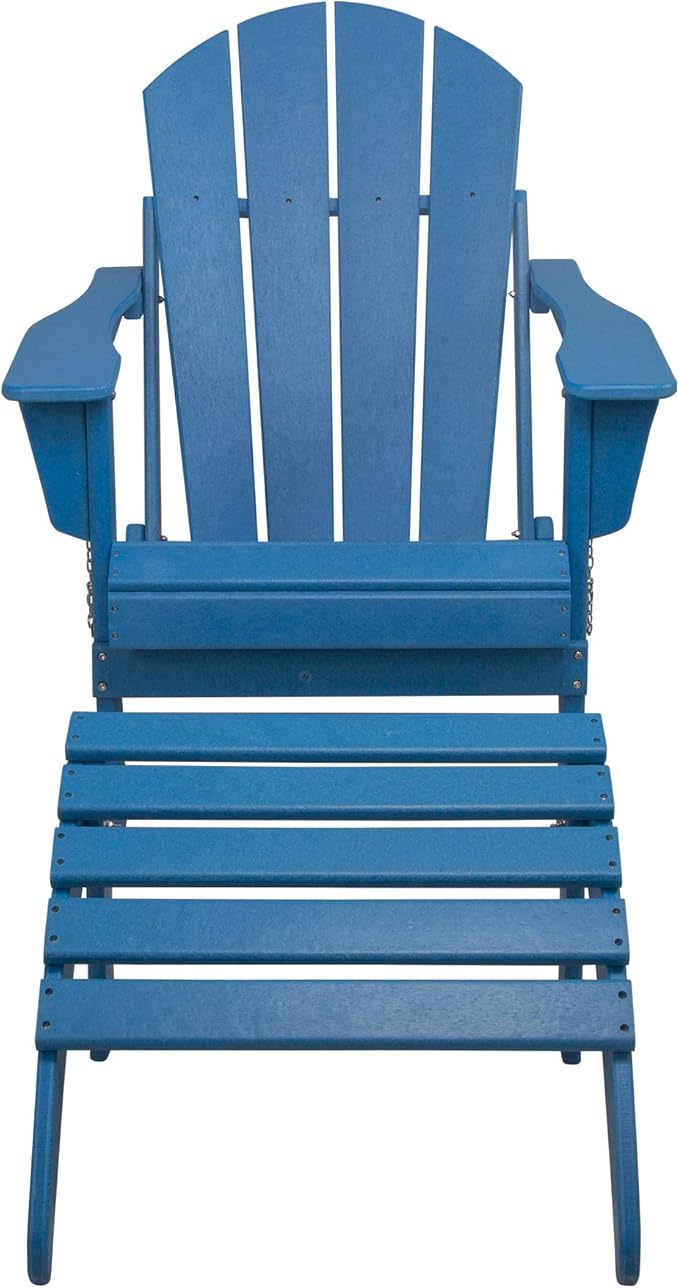 WestinTrends Malibu Outdoor Lounge Chair, 2-Pieces Adirondack Chair Set with Ottoman, All Weather Poly Lumber Patio Lawn Folding Chairs for Outside Pool Garden Backyard Beach, Pacific Blue