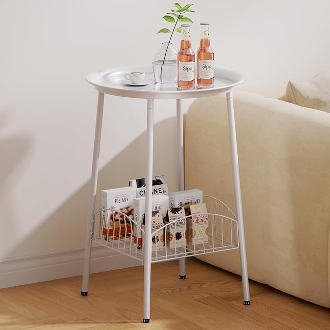 Small Outdoor Side Table, 2-Tier Round Metal Patio Table, Accent Table Waterproof, Weather Resistant End Table for Yard Porch Pool Balcony Garden Bedside (White)