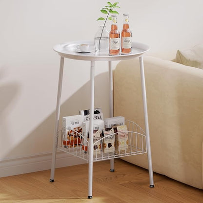 Small Outdoor Side Table, 2-Tier Round Metal Patio Table, Accent Table Waterproof, Weather Resistant End Table for Yard Porch Pool Balcony Garden Bedside (White)