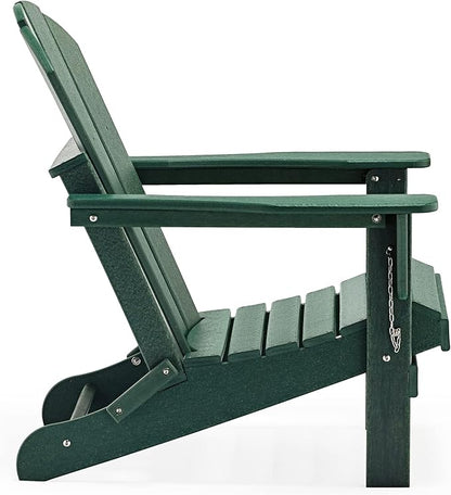 WO Home Furniture 3pc Set - HDPE Poly Adirondack Chair with Ottoman/Footrest and Square Side Table, All Weather and UV Resistant for Outdoor Patio Backyard, Garden, Dark Green