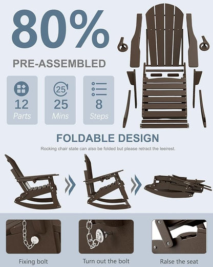 Adirondack Rocking Chair with Retractable Ottoman, All Weather Folding Adirondack Chair with Two Cup Holders, Adirondack Outdoor Rocking Chairs for Porch, Patio, Balcony. Coffee