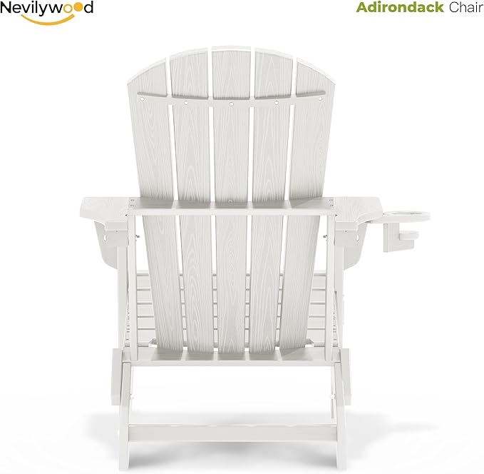 nevilywood HDPE Foldable Fire Pit Chairs Set of 2 with Cup Holders,Wood Grain Durable Design,Perfect for Patio,Backyard & Outdoor Gatherings, White